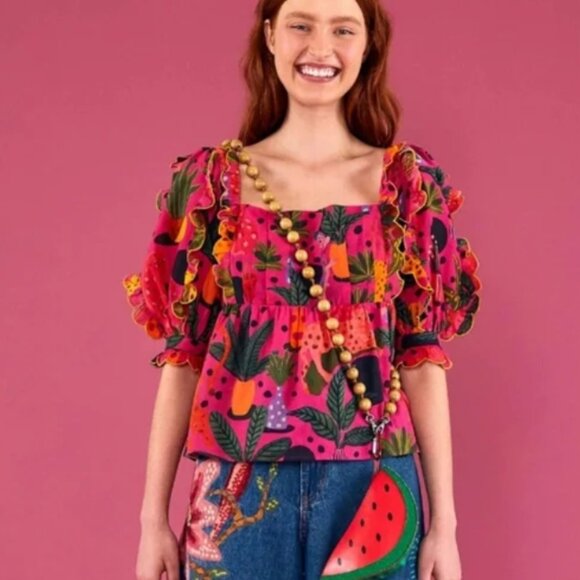 NWOT Farm Rio Pop Leopards Short Puff Sleeves Ruffles Pink Blouse Size XS $160 - Picture 2 of 11